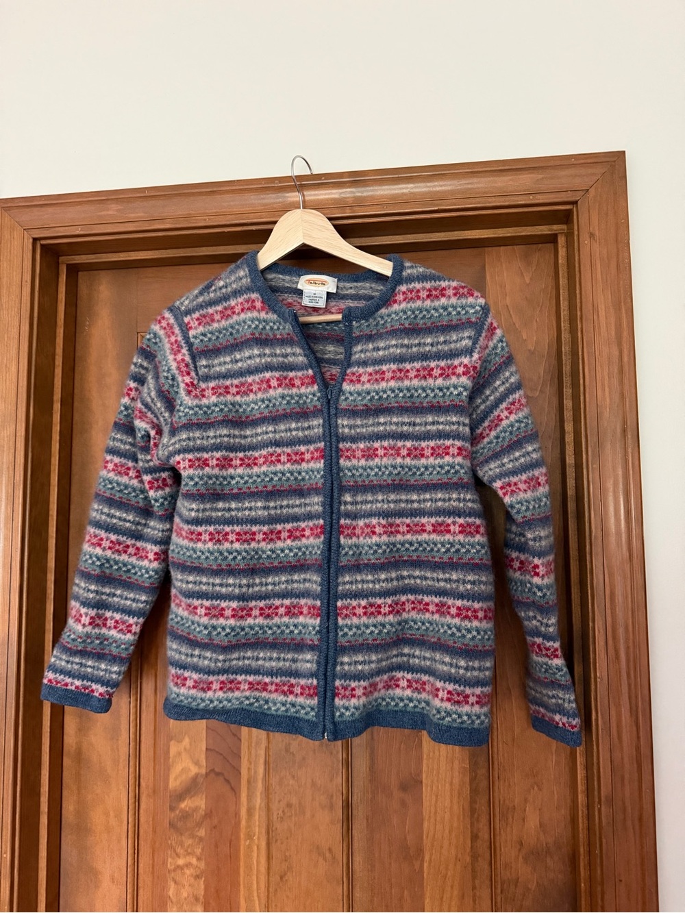 Talbots Blue & Pink Striped Fair Isle Zip Cardigan